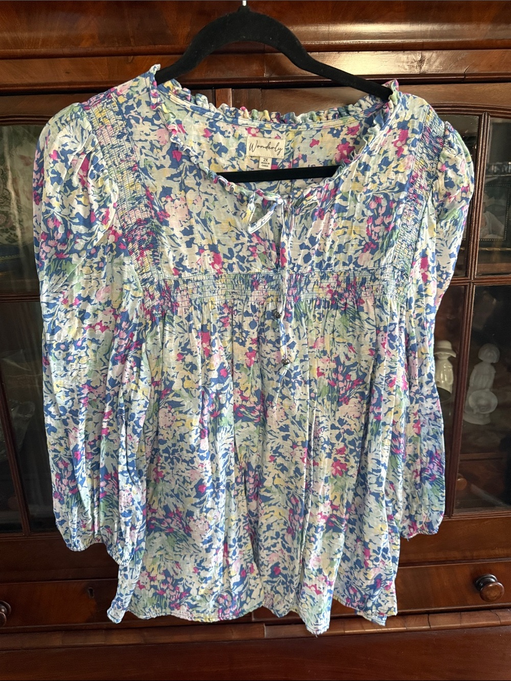 Wonderly Floral Smocked Peasant Blouse - Blue, Pink & White